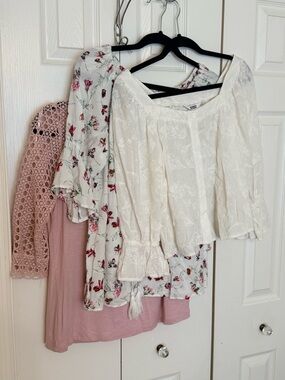 White, Pink, Graphic Peasant Blouse with Embroidered Detail - Women's Top Bundle